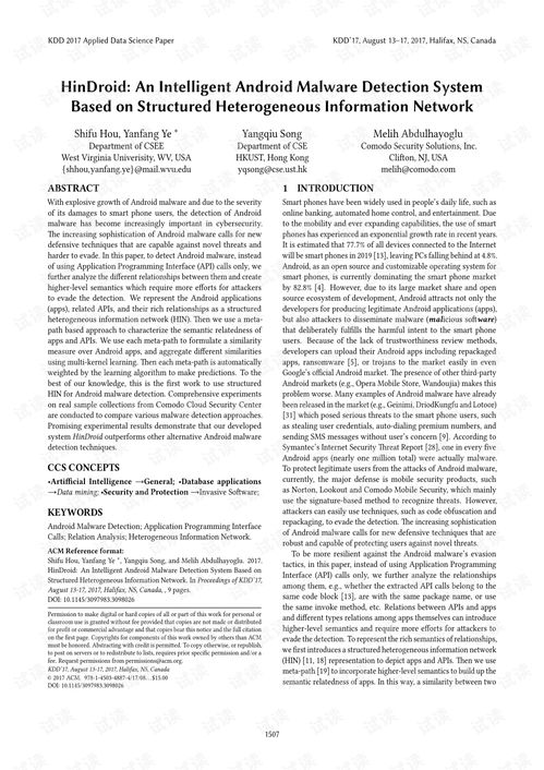 HIN在Android惡意軟件檢測中的應(yīng)用 KDD2017最佳應(yīng)用論文獎(jiǎng)解析